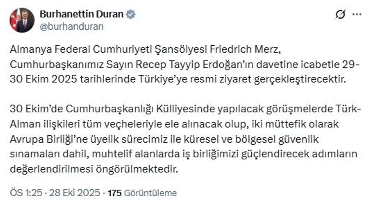 Almanya Şansölyesi Merz, Türkiye'yi ziyaret edecek