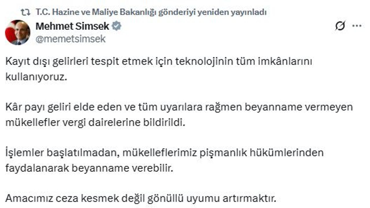 Bakan Şimşek: Beyanname vermeyen mükellefler vergi dairelerine bildirildi