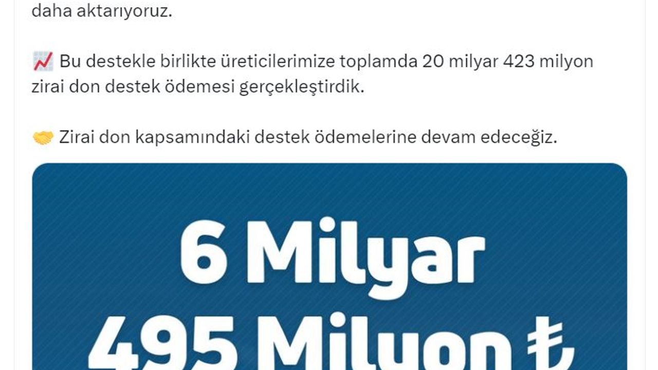 Bakanlıktan üreticilere 20 milyar 423 milyon lira zirai don desteği