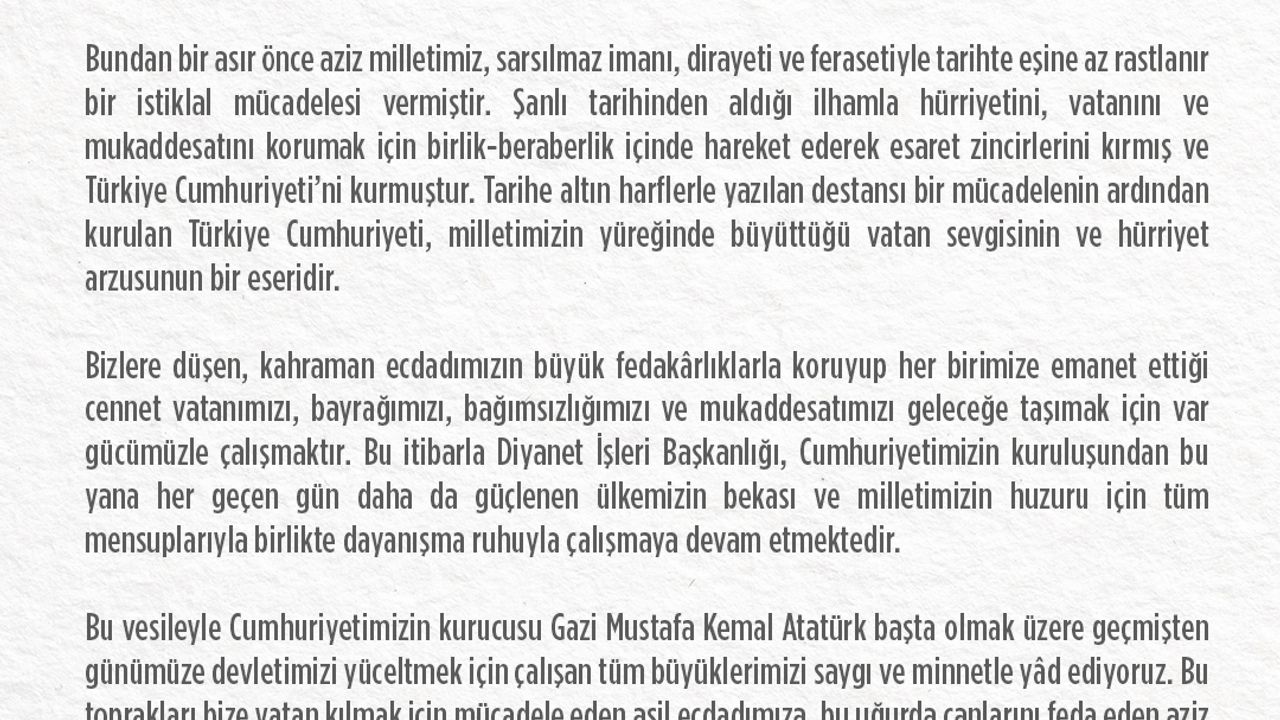 Diyanet'ten '29 Ekim' mesajı
