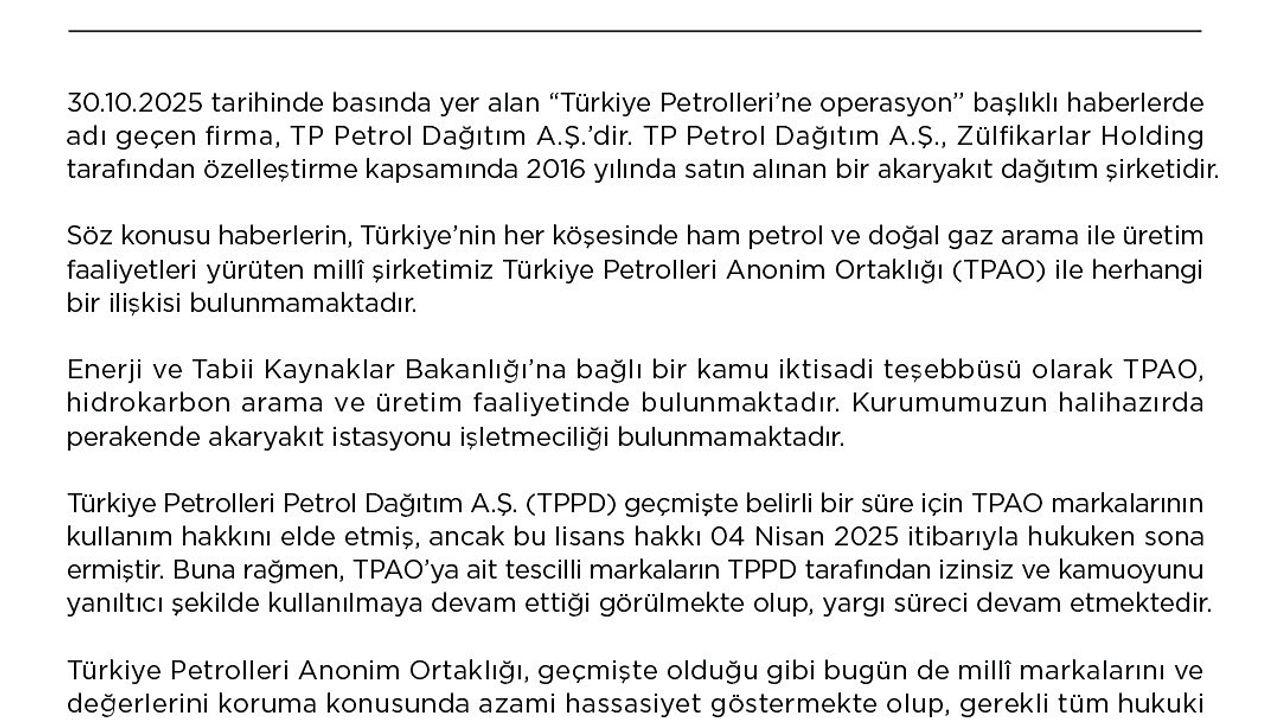 TPAO'dan 'Türkiye Petrolleri'ne Operasyon' başlıklı haberlere ilişkin açıklama
