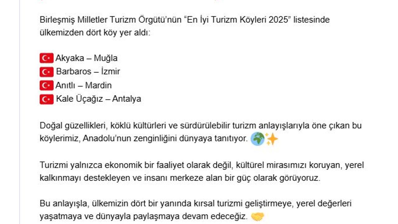 Türkiye'den 4 köy, BM'nin 'En İyi Turizm Köyleri 2025' listesinde