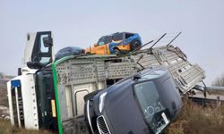 Devrilen TIR’daki sıfır kilometre cipler hasar gördü