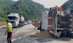Yem yüklü TIR devrildi, kara yolu 2 saat ulaşıma kapandı