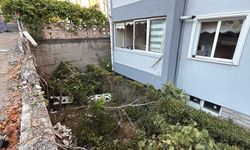 Karabük'te freni boşalan kamyonet apartmanın bahçesine düştü
