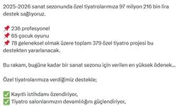 Bakanlık, özel tiyatrolara 97 milyon 216 bin lira destek verecek