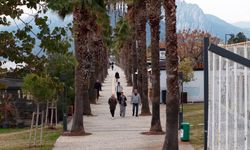 Karlı dağ manzarasında sahil keyfi