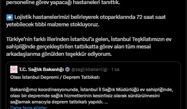 İstanbul - Bakan Memişoğlu'ndan, 'deprem tatbikatı' paylaşımı