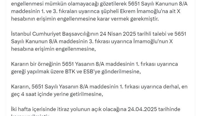 DMM: Ekrem İmamoğlu'nun X hesabına yargı kararıyla erişim engeli getirildi