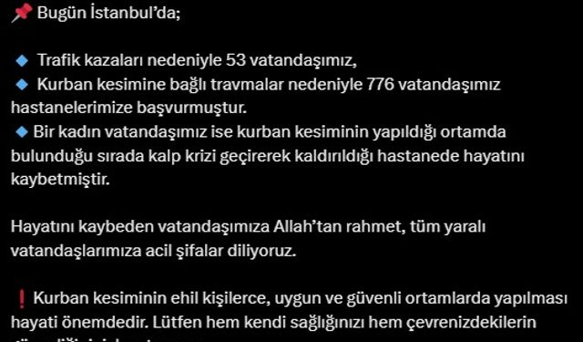 İstanbul - İstanbul İl Sağlık Müdürü Güner: Kurban kesimine bağlı travmalar nedeniyle 776 vatandaşımız hastanelerimize başvurmuştur