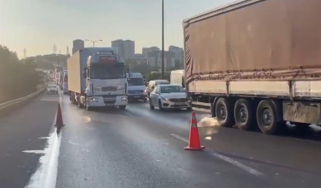 İstanbul - Başakşehir TEM Otoyolu'nda kamyonet devrildi; trafik yoğunluğu oluştu -1