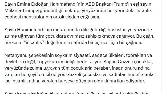 AK Parti'li Çelik: Emine Erdoğan'ın mektubu, insanlık cephesinin vicdan çağrısıdır