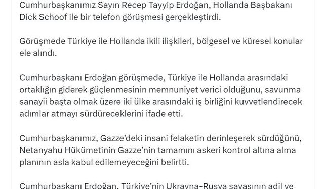 Cumhurbaşkanı Erdoğan, Hollanda Başbakanı Schoof ile telefonda görüştü