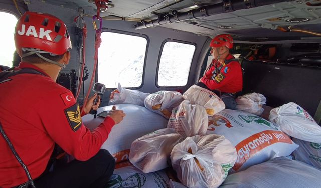 Afet sonrası kara yoluyla ulaşım sağlanamayan yaylalarda mahsur kalanlara askeri helikopterle yardım