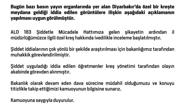 Bakanlık: Öğretmenler görevden alındı, özel kreş hakkında inceleme başlatıldı