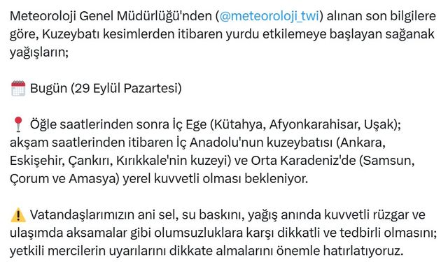 Bakanlıktan 3 bölge için 'sağanak' uyarısı