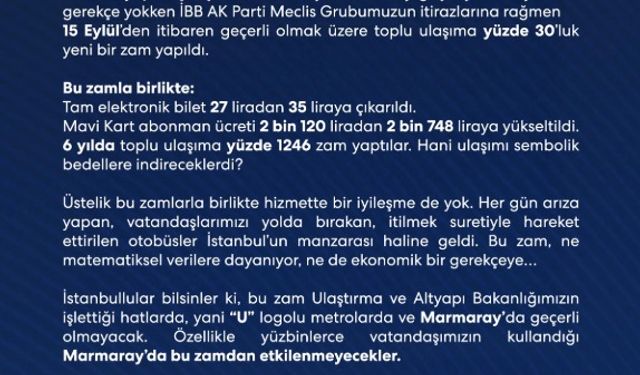 İstanbul- AK Parti İl Başkanı Özdemir: Toplu ulaşım zammı 'U' logolu metrolar ve Marmaray'da olmayacak