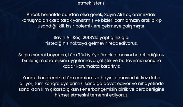 Sadettin Saran: Sayın Ali Koç, istediğiniz noktaya gelmeyi reddediyoruz