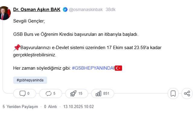 Bakan Bak: 2025-2026 eğitim öğretim dönemi için burs/kredi başvuruları başladı