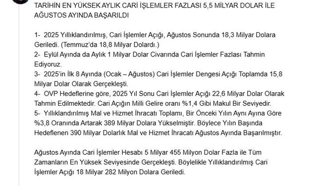 Bakan Bolat: Eylülde 1 milyar dolar civarında cari fazla tahmin ediyoruz