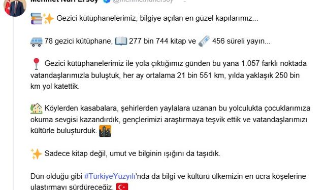 Bakan Ersoy: Gezici Kütüphanelerimiz ile 1057 noktada vatandaşlarımızla buluştuk