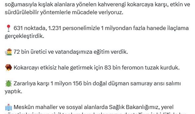 Bakan Yumaklı: Kahverengi kokarcaya karşı 1 milyondan fazla hanede ilaçlama yaptık