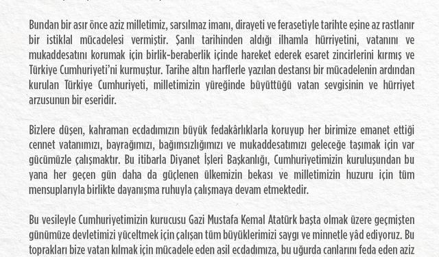 Diyanet'ten '29 Ekim' mesajı