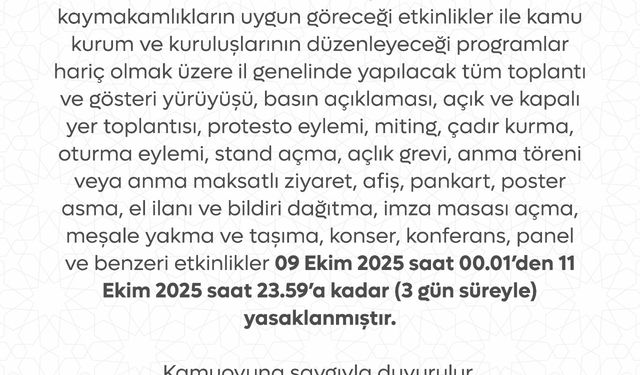 Tokat'ta 3 günlük gösteri ve eylem yasağı kararı