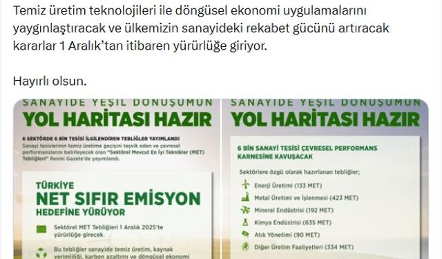 Bakanlıktan, temiz üretime geçişi teşvik eden tebliğ