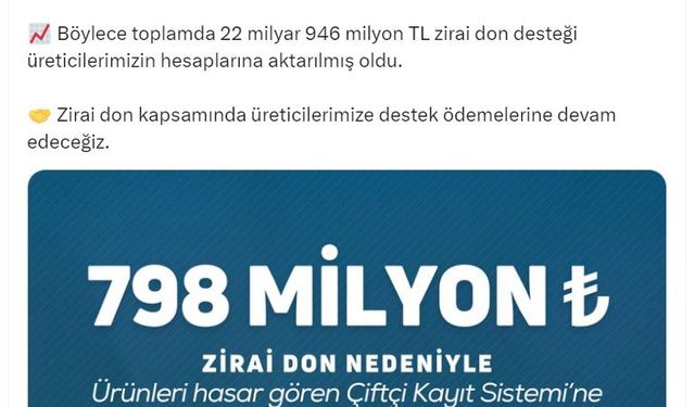 Bakanlıktan üreticilere 22 milyar 946 milyon lira zirai don desteği