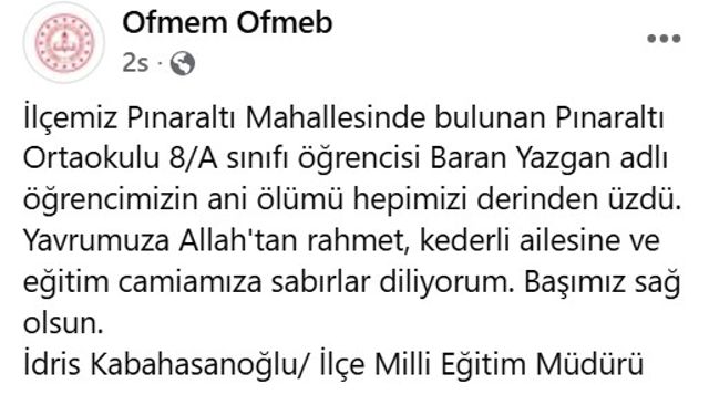 Okulda fenalaşan ortaokul öğrencisi hayatını kaybetti