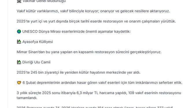 Bakan Ersoy: Depremde zarar gören 109 vakıf eserinin restorasyonu tamamlandı
