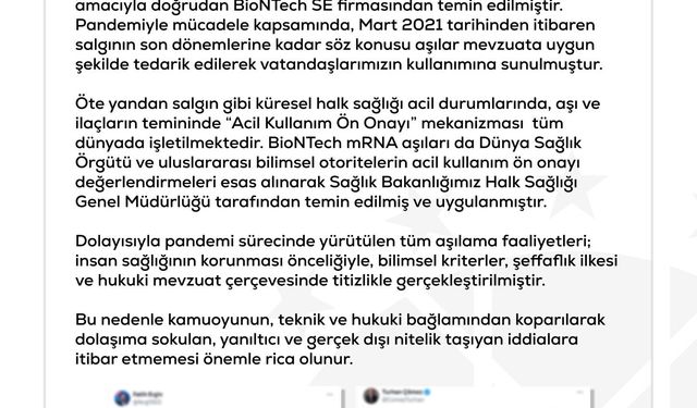 DMM: Salgın sürecinde ülkemize 'BioNTech aşısı gelmediği' iddiaları gerçeği yansıtmamaktadır
