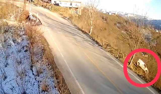 Hafif ticari aracın fındık bahçesine uçtuğu kaza kamerada