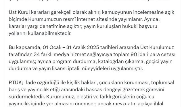 RTÜK Başkanı Daniş: 2025'te 90 idari para cezası uygulandı