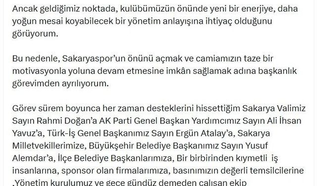 Sakaryaspor Başkanı Kıratlı istifa ettiğini açıkladı