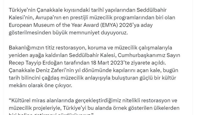 Bakan Ersoy: Seddülbahir Kalesi, EMYA 2026'ya aday gösterildi