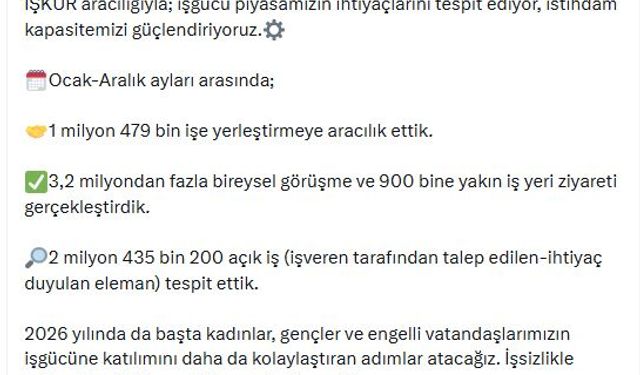 Bakan Işıkhan: 2025'te 1,4 milyon işe yerleştirmeye aracılık ettik