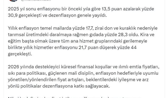 Bakan Şimşek: Dezenflasyon genele yayıldı