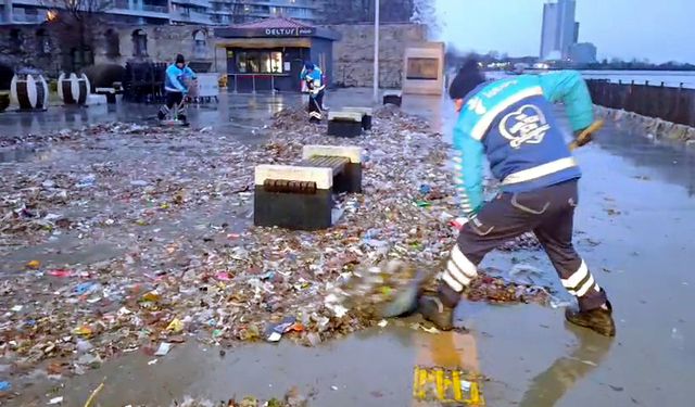 İstanbul - Bakırköy'de lodosla sahile taşınan atıklar temizlendi