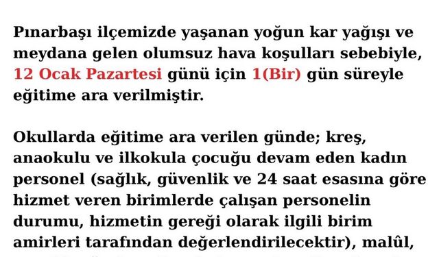 Kayseri'de 2 ilçede okullar tatil edildi