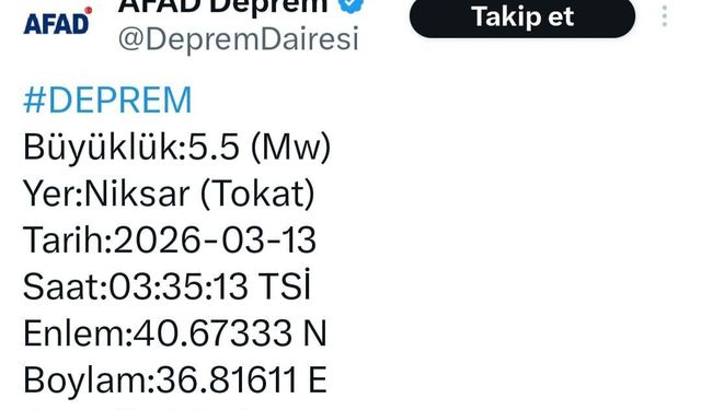 Tokat'ta 5,5 büyüklüğünde deprem