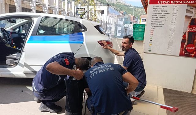 Otomobilin motor bölümünde sıkışan yavru kedi kurtarıldı
