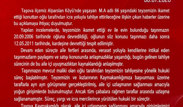 Valilikten oğlu tarafından icra yoluyla evden çıkarılmak istenen yaşlı kadına ilişkin açıklama