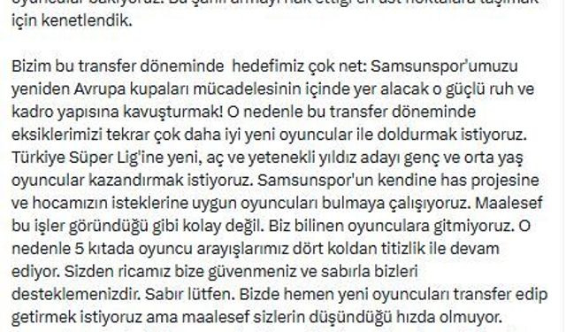 Yüksel Yıldırım: Hedefimiz Avrupa için mücadele eden Samsunspor