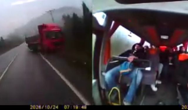 Hatalı sollama yapan kamyon ile midibüs burun buruna geldi