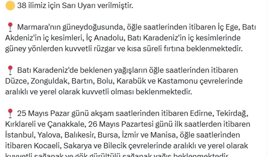 İçişleri Bakanlığı'ndan 38 kent için 'sarı' kodlu uyarı