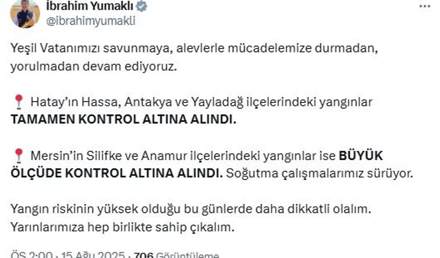 Bakan Yumaklı: Hatay ve Mersin'deki yangınlar kontrol altında