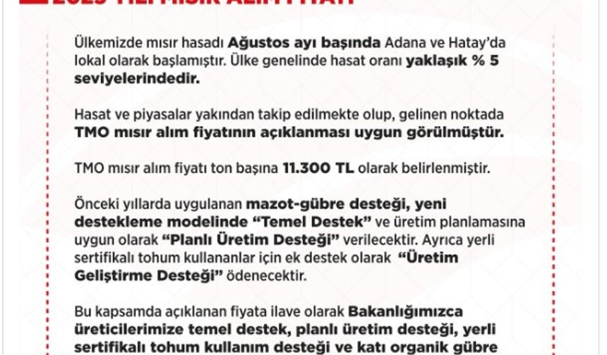 TMO 2025 yılı mısır alım fiyatı belli oldu