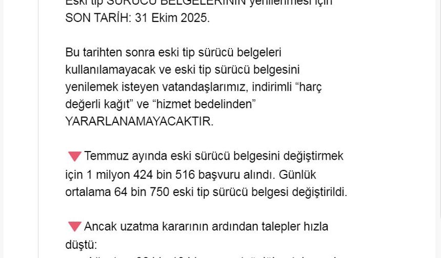 Bakan Yerlikaya: Eski tip sürücü belgelerinin yenilenmesi için son tarih 31 Ekim